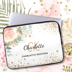 Rose gold floral gold glitter monogram name laptop sleeve