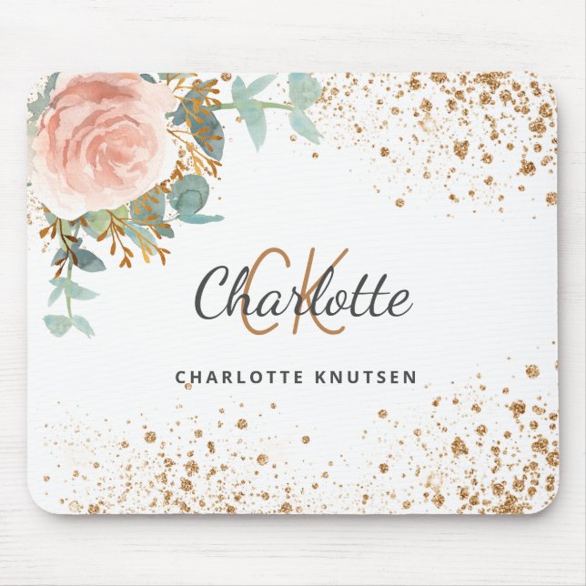 Rose gold floral gold glitter monogram name mouse pad (Front)