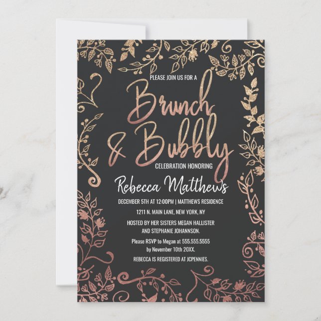 Rose Gold Floral Gold Glitter Ombre Brunch Bubbly Invitation (Front)