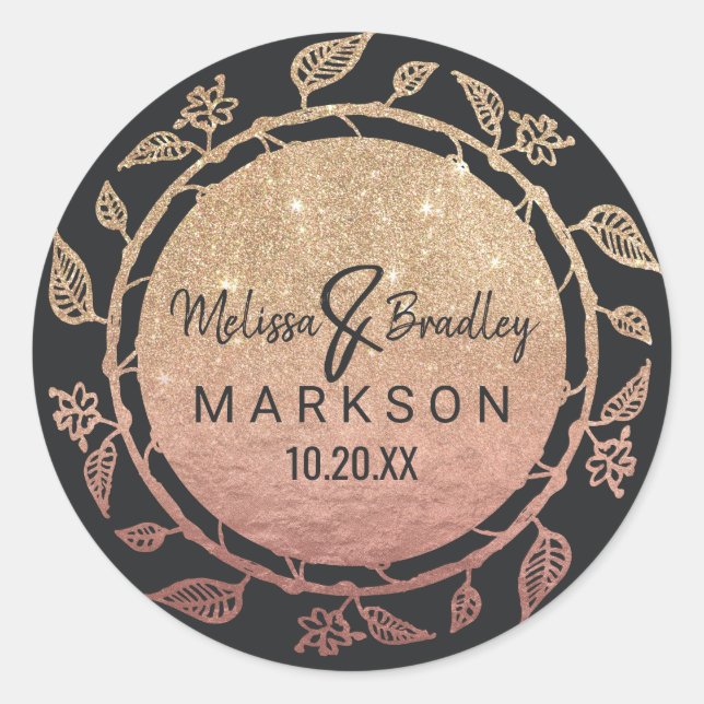 Rose Gold Floral Gold Glitter Ombre Wedding Classic Round Sticker (Front)