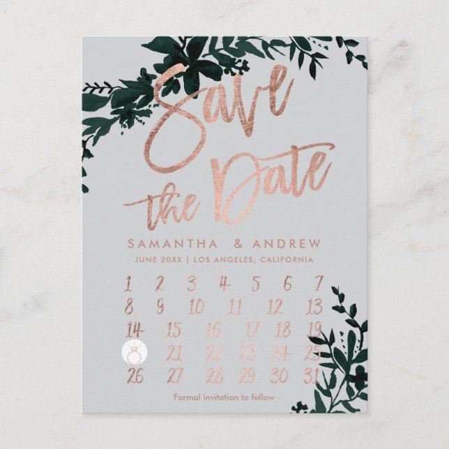 Rose gold floral green grey calendar save the date announcement postcard (Front)