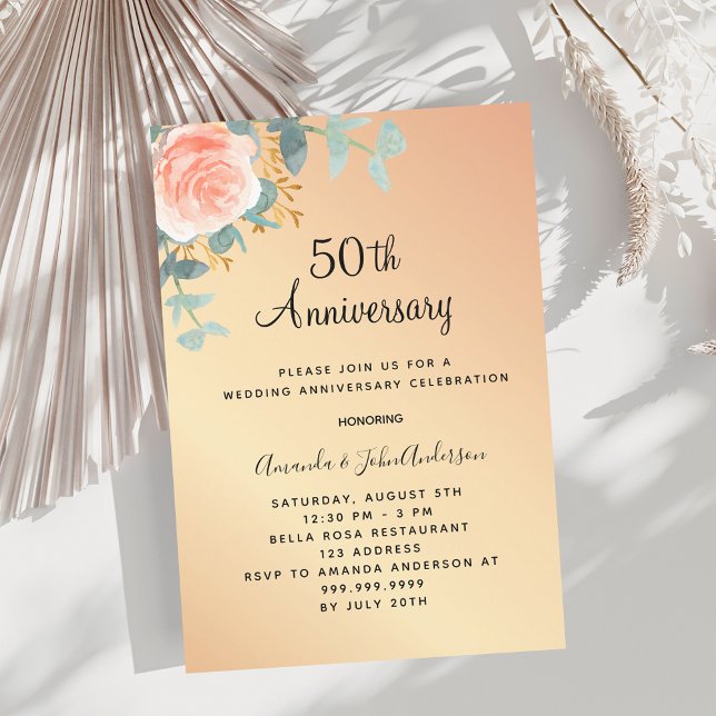 Rose gold floral greenery 50th wedding anniversary invitation (Creator Uploaded)