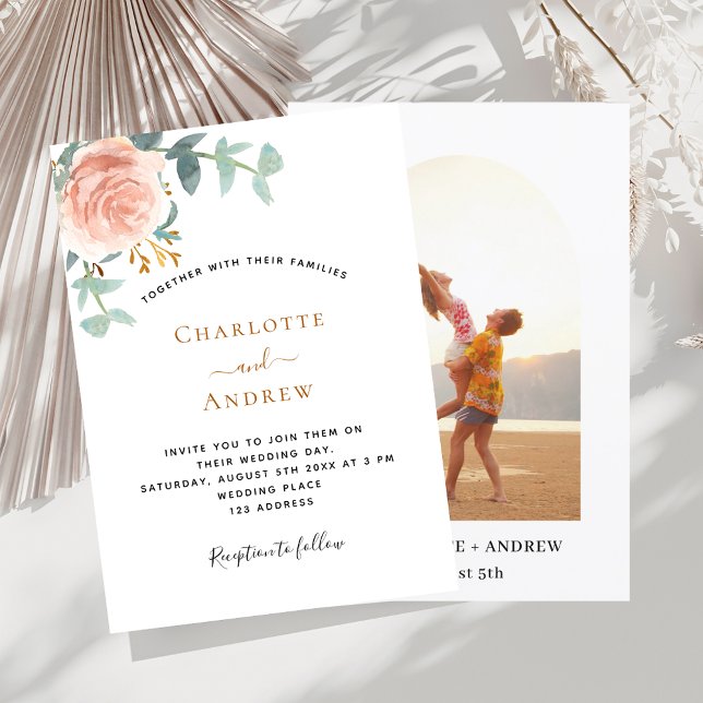 Rose gold floral greenery arch photo wedding invitation (Creator Uploaded)