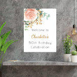 Rose gold floral greenery birthday party welcome poster<br><div class="desc">A stylish white background decorated with a rose gold and blush pink watercolored floral,  flower,  eucalyptus greenery,  golden sprigs.   Personalise and add a name and age.</div>