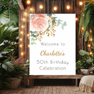 Rose gold floral greenery birthday party welcome poster