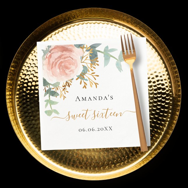 Rose gold floral greenery elegant Sweet 16 Napkin (Creator Uploaded)