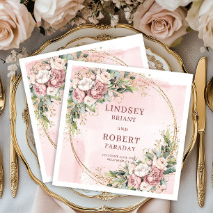 Rose Gold Floral Greenery Gold Glitter Wedding Napkin