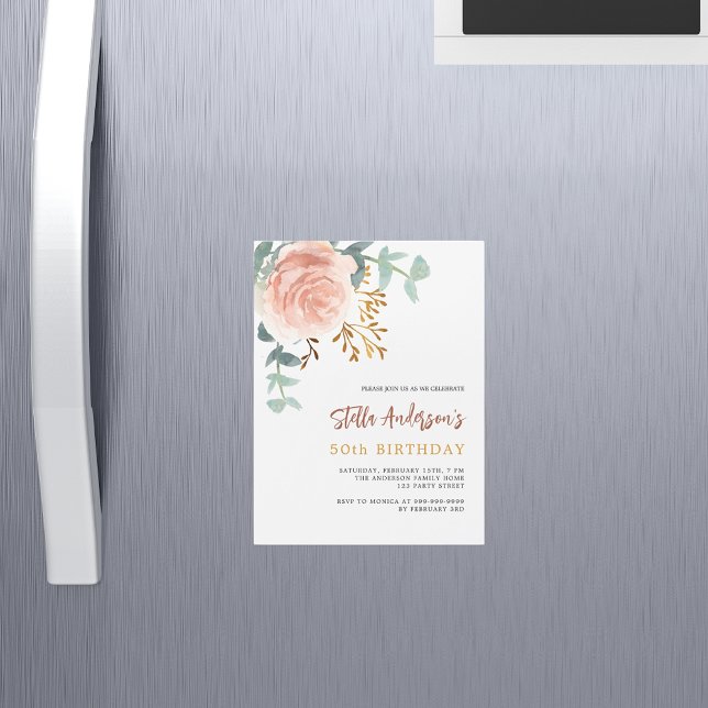Rose gold floral greenery luxury birthday magnetic invitation (Creator Uploaded)