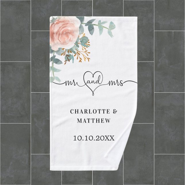 Rose gold floral greenery mr mrs heart wedding bath towel set (Creator Uploaded)