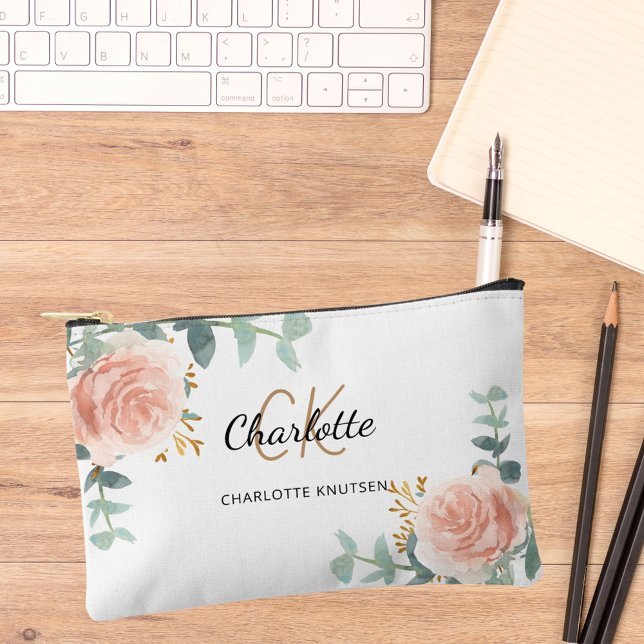 Rose gold floral greenery name monogram accessory pouch (Creator Uploaded)