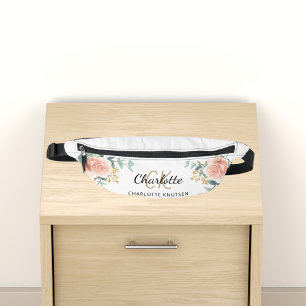 Rose gold floral greenery name monogram bum bags