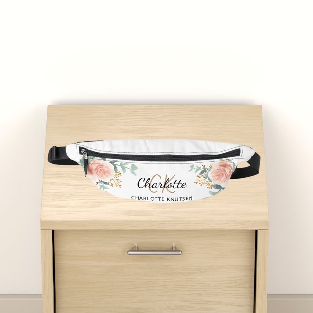 Rose gold floral greenery name monogram bum bags (Creator Uploaded)