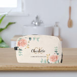 Rose gold floral greenery name monogram dopp kit<br><div class="desc">A cream coloured background,  black and golden text. Decorated with watercolored rose gold roses,  eucalyptus greenery and golden sprigs. 
Personalise and add your first name,  monogram initials and full name.</div>