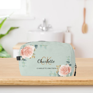 Rose gold floral greenery name monogram dopp kit