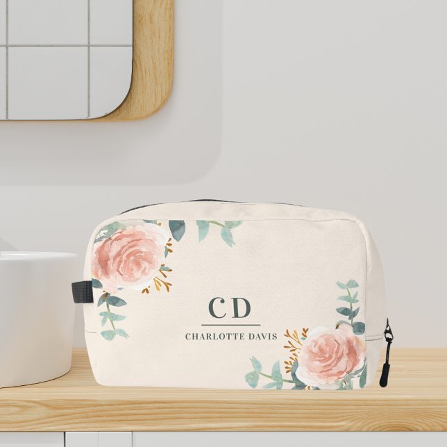 Rose gold floral greenery name monogram dopp kit (Creator Uploaded)