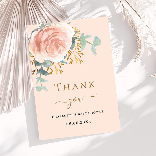 Rose gold floral greenery peach Baby Shower Thank You Card (Creator Uploaded)