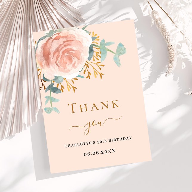 Rose gold floral greenery peach birthday thank you card (Creator Uploaded)