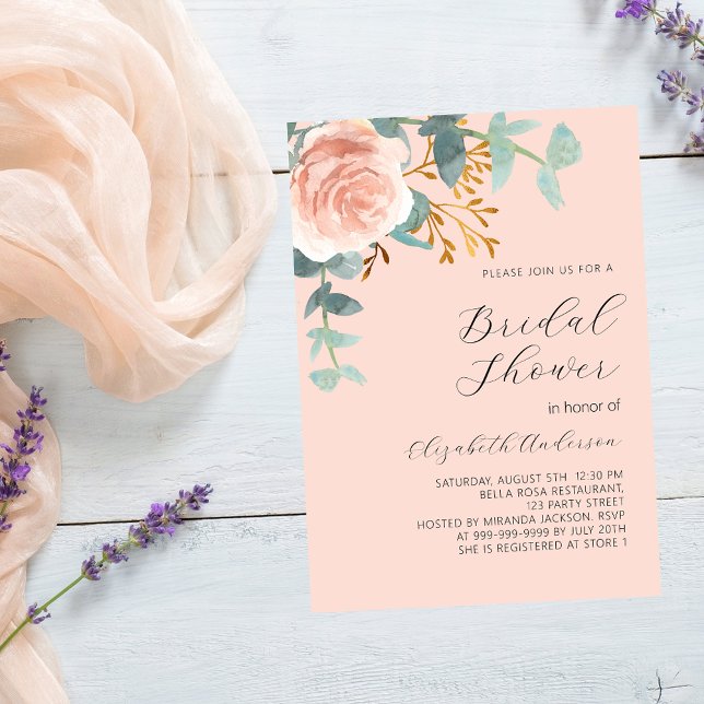 Rose gold floral greenery peach Bridal Shower Invitation (Creator Uploaded)
