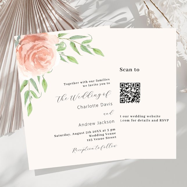 Rose gold floral greenery QR RSVP luxury wedding Invitation (Creator Uploaded)