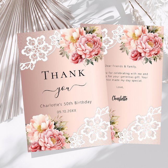 Rose gold floral lace birthday thank you card (Creator Uploaded)