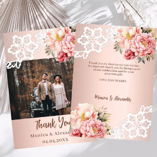 Rose gold floral lace wedding thank you card