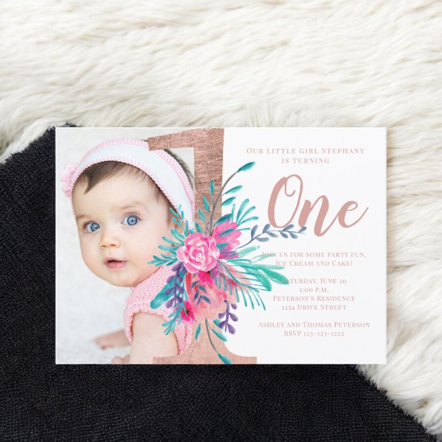 Rose gold floral letter 1st birthday blush photo invitation (Rose gold floral letter 1st birthday blush photo invitation)