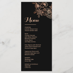 Rose Gold Floral Line Art Black Wedding Menu