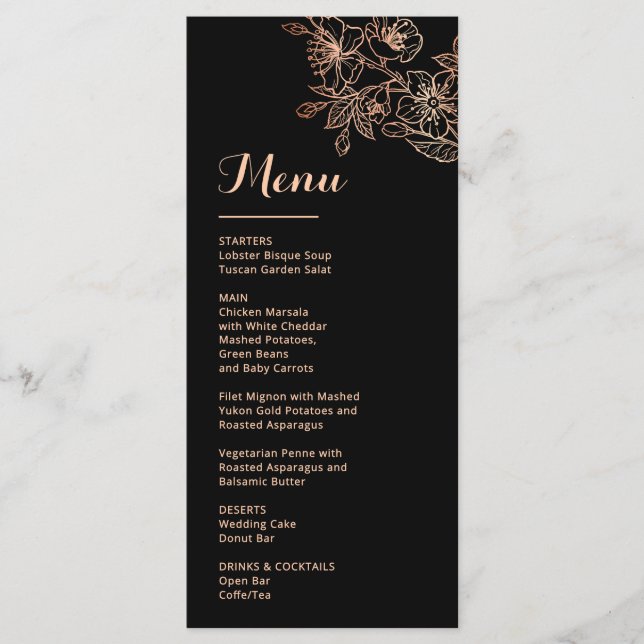Rose Gold Floral Line Art Black Wedding Menu (Front)
