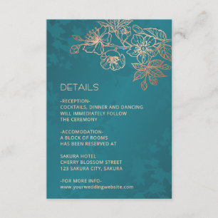 Rose Gold Floral Line Art Teal Wedding Enclosure Card