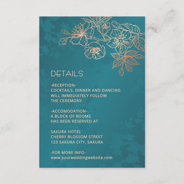 Rose Gold Floral Line Art Teal Wedding Enclosure Card (Front)