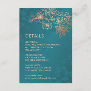 Rose Gold Floral Line Art Teal Wedding Enclosure Card