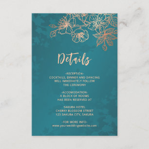Rose Gold Floral Line Art Teal Wedding Enclosure Card