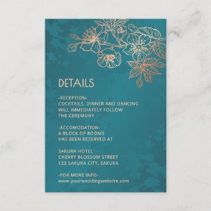 Rose Gold Floral Line Art Teal Wedding Enclosure Card