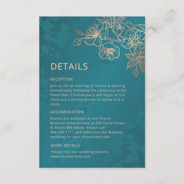 Rose Gold Floral Line Art Teal Wedding Enclosure Card (Front)
