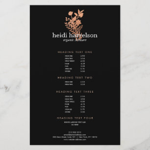 Rose Gold Floral Logo Black Salon Price List Flyer