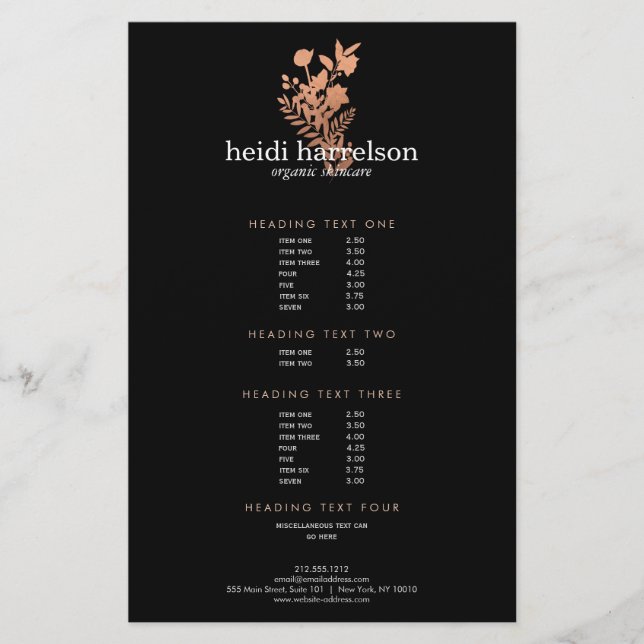 Rose Gold Floral Logo Black Salon Price List Flyer (Front)