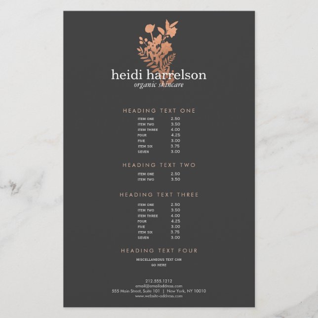 Rose Gold Floral Logo Dark Grey Salon Price List Flyer (Front)