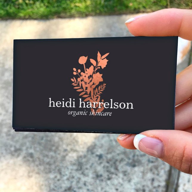 Rose Gold Floral Logo on Dark Grey Business Card (Creator Uploaded)