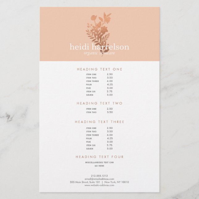 Rose Gold Floral Logo on Peach Salon Price List Flyer (Front)