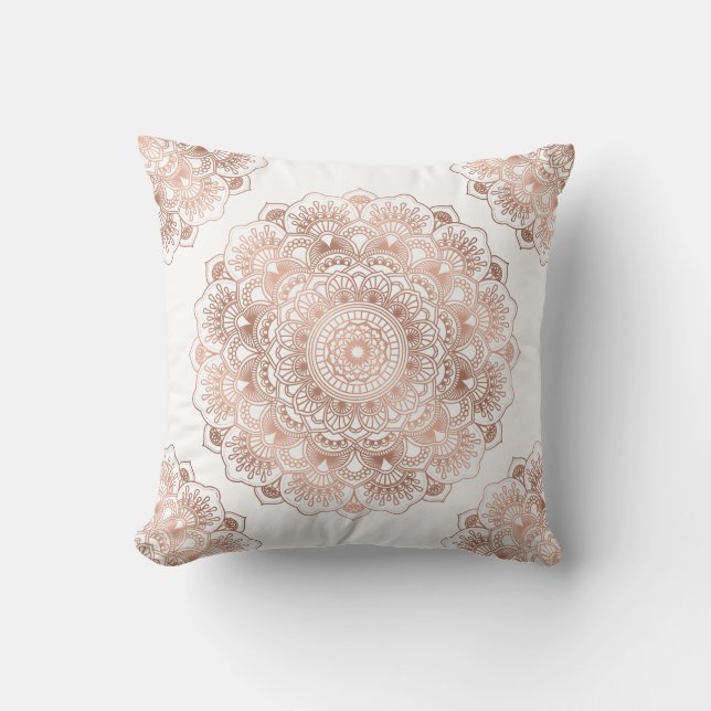 Rose-gold floral mandala on white background cushion (Front)