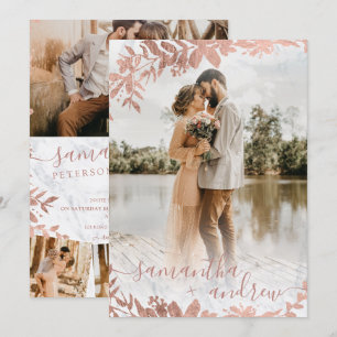 Rose gold floral marble script 5 photos wedding invitation