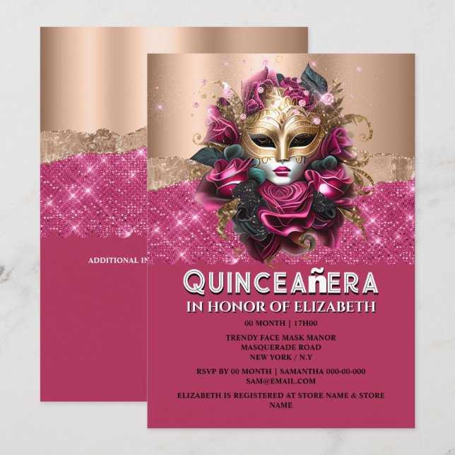 Rose gold floral masquerade Quinceañera birthday  Invitation (Front/Back)