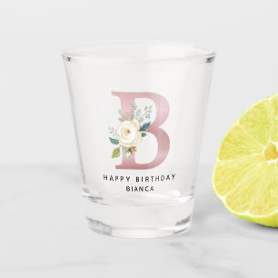 Rose Gold Floral Monogram Personalised Birthday Shot Glass