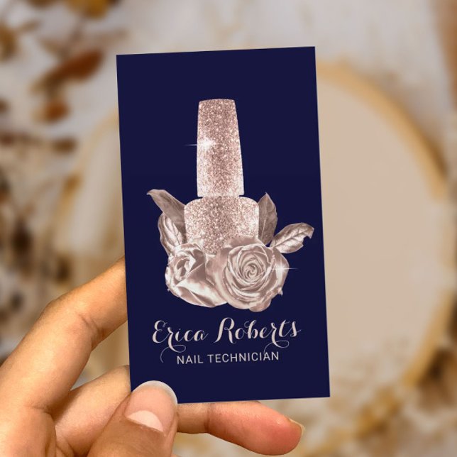 Rose Gold Floral Nail Polish Navy Manicurist Business Card (Creator Uploaded)