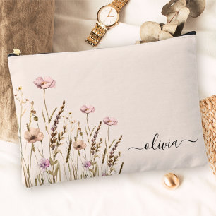 Rose Gold Floral Name Monogram Accessory Pouch