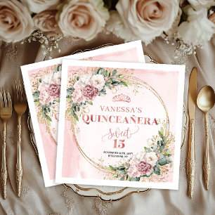 Rose Gold Floral Napkins for Sweet 15 Celebration