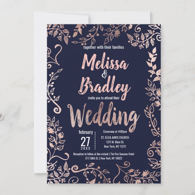 Rose Gold Floral Navy Blue Brush Script Wedding Invitation (Front)