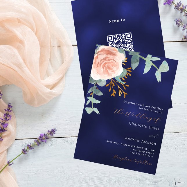 Rose gold floral navy blue QR RSVP luxury wedding Invitation (Creator Uploaded)