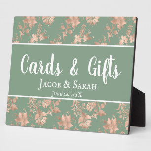Rose Gold Floral on Green Wedding Gift Table Plaque