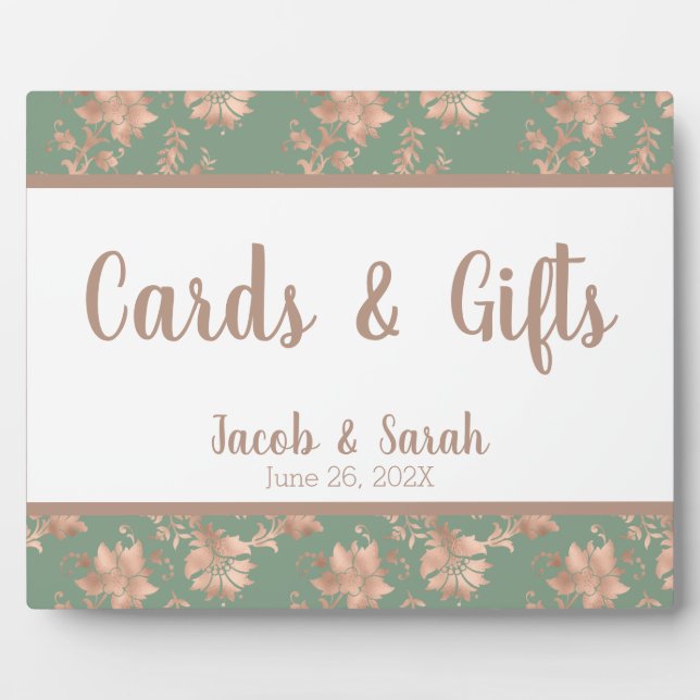 Rose Gold Floral on Green Wedding Table Plaque (Front)